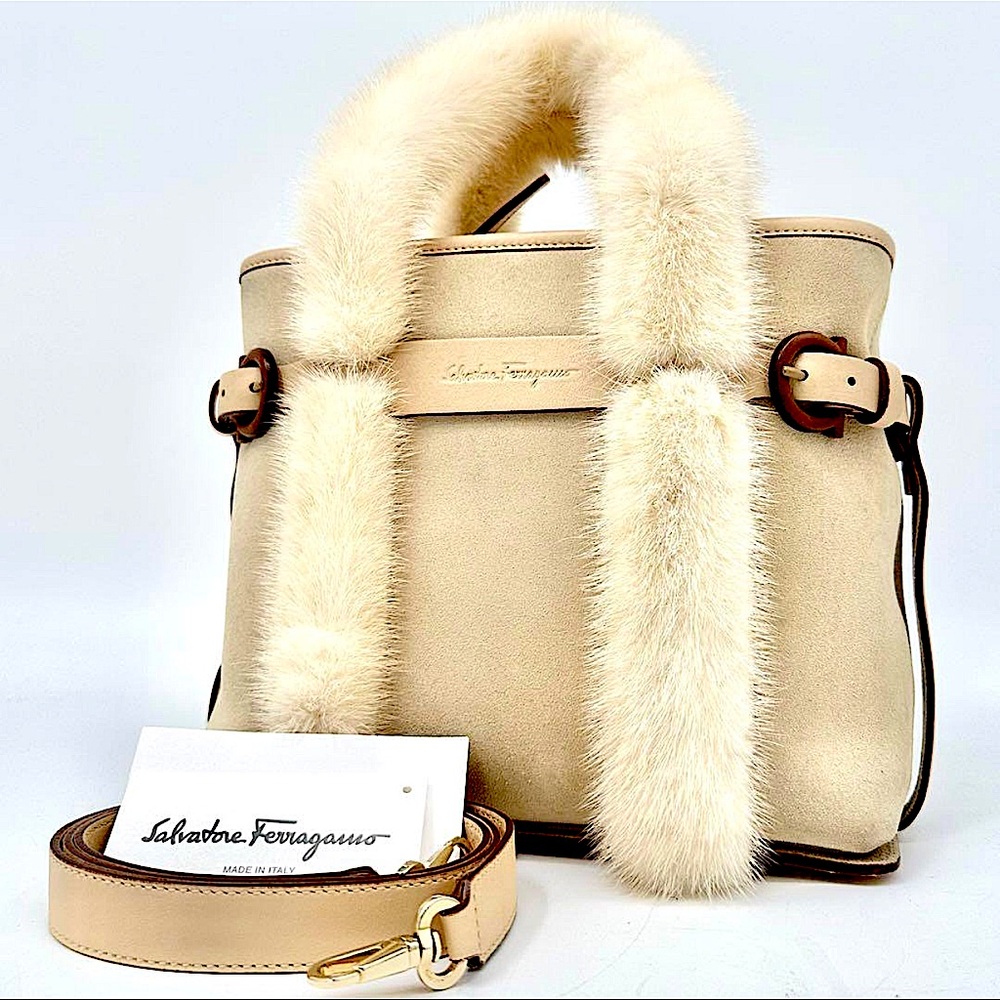 Salvatore Ferragamo Authentic Beige Fur/Suede Gancini Handbag/Shoulder